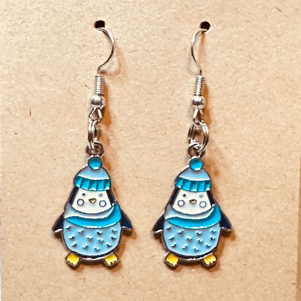 Handmade Penguin Earrings Blue Purple Enamel Winter Stainless Steel Dangle Hooks